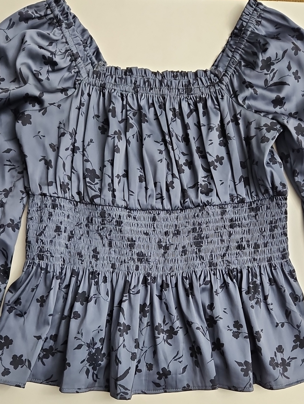 Nordstrom Blue Floral Smocked Waist Peasant Top